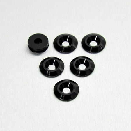 Black countersunk alloy washers in a pack of five, each measuring M5 x 19mm, featuring a smooth finish and circular design for secure fastening.