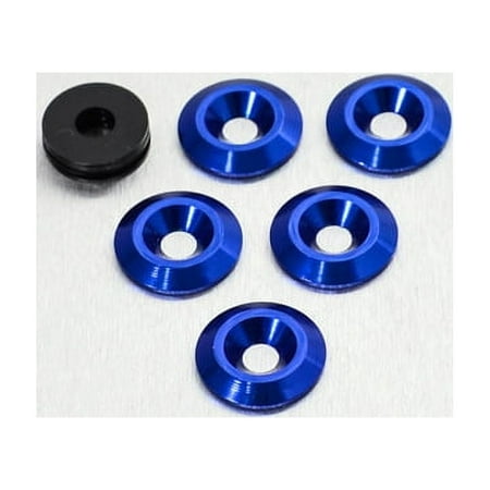 Five blue countersunk alloy washers, each with a central hole, alongside one black washer, all designed for M5 bolts, showcasing a shiny, anodized finish.