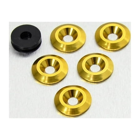 Five gold countersunk alloy washers, M5 x 19mm, with a smooth finish, accompanied by one black washer, all featuring a circular design and a central hole for fastening.