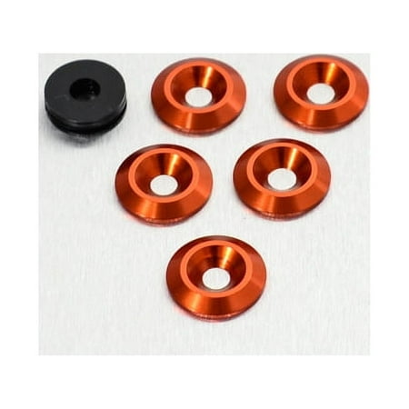 Five orange countersunk alloy washers, M5 x 19mm, made by Pro-Bolt, displayed alongside a black washer, showcasing a shiny, anodized finish.