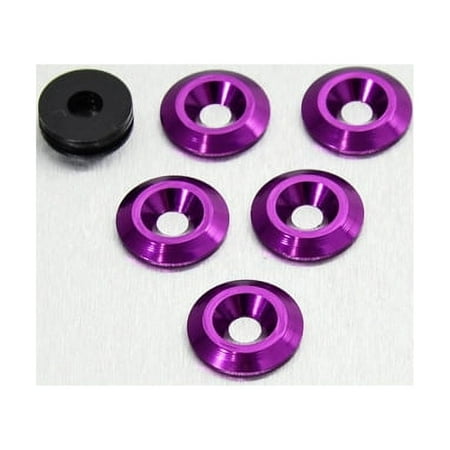 Five purple countersunk alloy washers, each measuring M5 x 19mm, with a shiny finish, displayed alongside a black washer, highlighting their smooth edges and precision design.