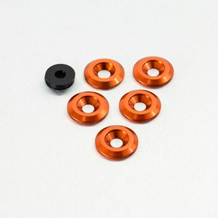 Five orange countersunk alloy washers, M6 x 22mm, with a smooth finish, accompanied by one black washer, all showcasing a sleek, metallic appearance.