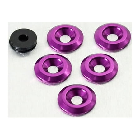 Five purple countersunk alloy washers, each with a central hole, alongside one black washer, all made from durable material, designed for M6 bolts, arranged on a light background.
