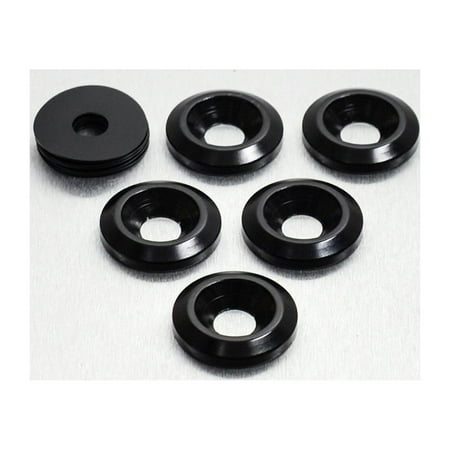 Black countersunk alloy washers in a pack of five, each with a central hole, designed for M8 bolts, showcasing a smooth finish and durable material.