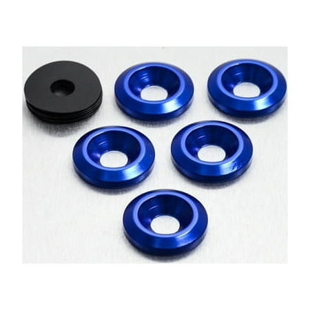Five blue countersunk alloy washers, made of metal, with a shiny finish, featuring a central hole, alongside one black washer, all designed for M8 screws.