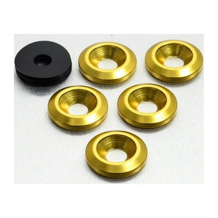Five gold countersunk alloy washers with a central hole, accompanied by one black washer, all designed for M8 bolts, showcasing a sleek metallic finish.