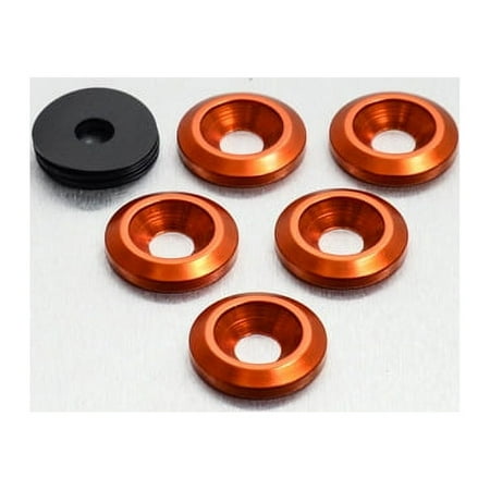 Five orange countersunk alloy washers with a shiny finish, featuring a central hole, alongside a black washer, suitable for M8 bolts.