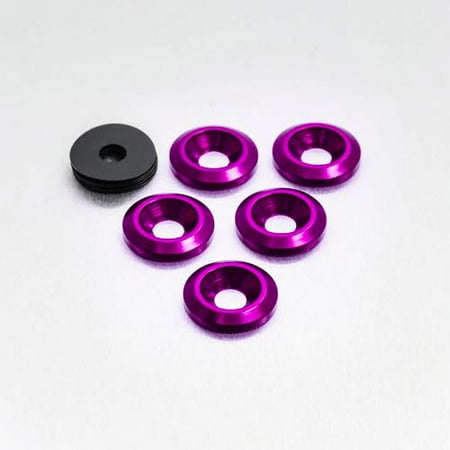 Five purple countersunk alloy washers, M8 x 25mm, with a smooth finish, accompanied by one black washer, all showcasing a metallic sheen against a light background.