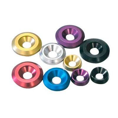 Countersunk alloy washers in various colors including red, blue, gold, and purple, showcasing a smooth finish and a central hole, designed for M8 bolts, pack of 5.