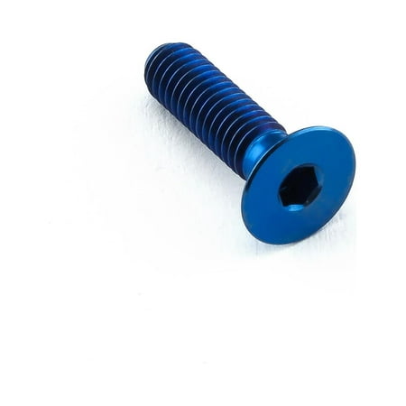 Countersunk blue titanium bolt, M4 size, with a 0.70mm thread pitch and 15mm length, featuring a hexagonal socket for easy installation.