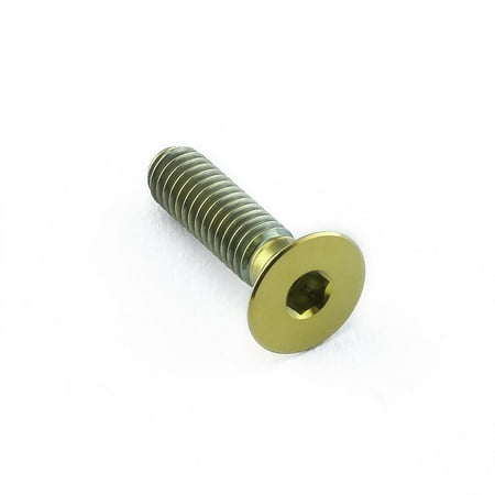 Gold titanium countersunk bolt with a hexagonal socket, measuring M4 x 0.70mm x 15mm, featuring a smooth, shiny finish and a flat head design.