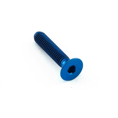 Countersunk blue titanium bolt, M4 size, 0.70mm thread pitch, 20mm length with a 17mm head diameter, featuring a hex socket drive for easy installation.