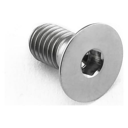 Countersunk titanium bolt in natural finish, M5 size with a 0.80mm thread pitch and 10mm length, featuring a hexagonal socket head and a wide flat flange.