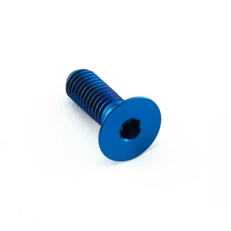 Countersunk titanium bolt in blue, measuring M5 x 0.80mm x 15mm, featuring a hexagonal socket head and smooth finish, ideal for lightweight applications.