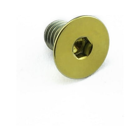 Gold titanium countersunk bolt with a hexagonal socket, measuring M5 x 0.80mm x 8mm, featuring a smooth, shiny finish and a wide head for a secure fit.