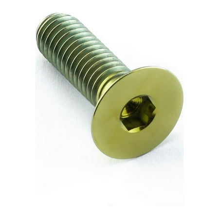Gold titanium M6 countersunk bolt with a hexagonal socket head, measuring 20mm in length and 1.00mm thread pitch, showcasing a sleek, polished finish.