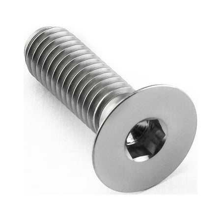 Countersunk titanium bolt in natural finish, M6 size with 1.00mm thread pitch and 20mm length, featuring a flat head and hex socket for easy installation.
