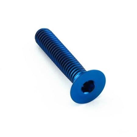 Blue titanium countersunk bolt, M6 size with a 1.00mm thread pitch and 30mm length, featuring a hexagonal socket head and smooth, shiny finish.