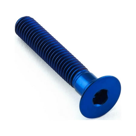 Countersunk titanium bolt in blue, measuring M6 x 1.00mm x 35mm, featuring a smooth, shiny finish and a hexagonal socket for easy installation.