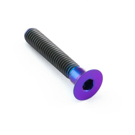 Countersunk titanium bolt in purple with a hexagonal socket head, measuring M6 x 1.00mm x 35mm, featuring a sleek, shiny finish and spiral threading.