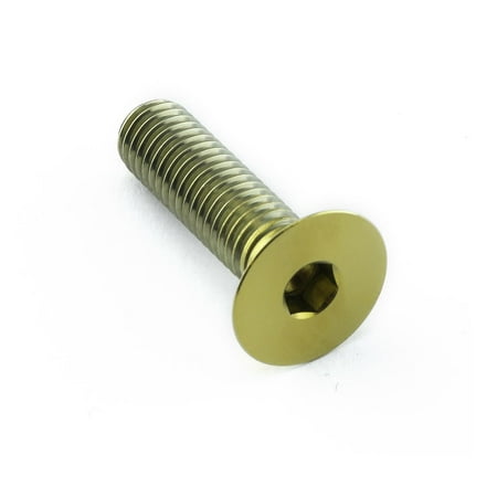 Gold titanium M8 countersunk bolt with a hexagonal socket, measuring 30mm in length and 1.25mm thread pitch, featuring a smooth, polished finish.