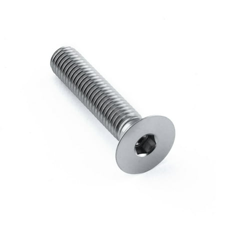 Countersunk titanium bolt in natural finish, M8 size with 1.25mm thread pitch and 40mm length, featuring a hexagonal socket and smooth, polished surface.