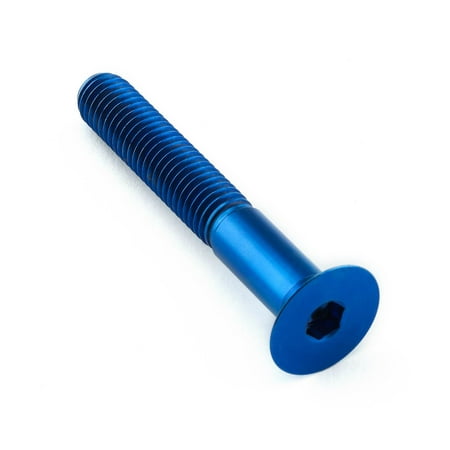 Countersunk titanium bolt in blue, measuring M8 x 1.25mm x 55mm (42mm), featuring a hexagonal socket head and smooth, shiny finish.