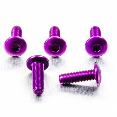Purple dome head alloy bolts, M4 x 0.50mm x 8mm x 12mm, featuring a hexagonal socket for easy installation, arranged on a reflective surface.