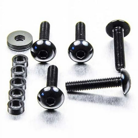 Black alloy dome head bolts, M5 size, with hexagonal socket, accompanied by washers and spacers, all featuring a sleek, polished finish on a metallic background.