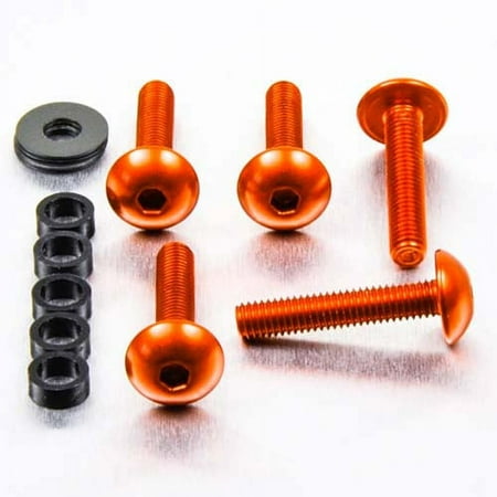 Pro-Bolt orange dome head alloy bolts set, featuring four M5 bolts (11mm and 25mm lengths) and a black washer, showcasing a shiny finish and hexagonal socket heads.