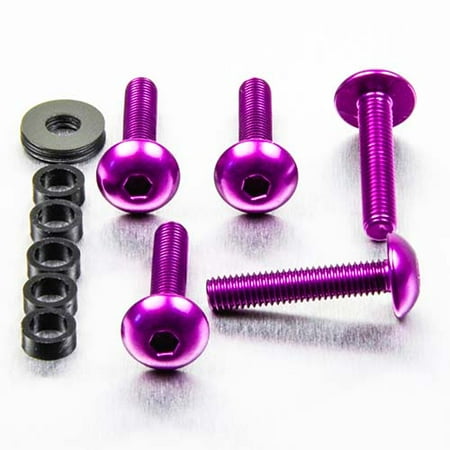 Purple dome head alloy bolts with M5 x 0.80mm x 11mm x 25mm dimensions, accompanied by black washers and spacers, showcasing a shiny finish.