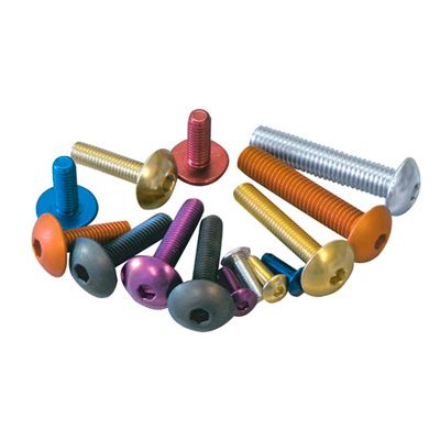 Red dome head alloy bolts in various sizes and colors, including blue, gold, purple, and silver, showcasing a mix of finishes and head styles.