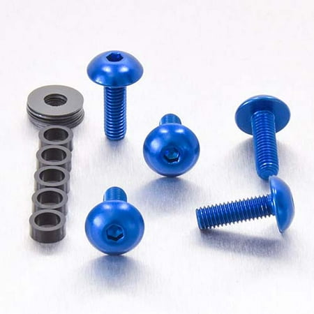 Blue dome head alloy bolts, measuring M5 x 0.80mm x 12mm x 16mm, with a shiny finish, accompanied by a black spacer and multiple washers.