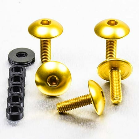 Gold dome head alloy bolts with M5 x 0.80mm x 16mm dimensions, featuring a smooth finish, alongside a black spacer with multiple holes.