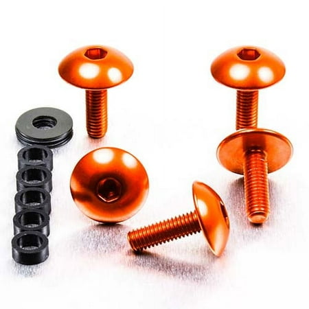 Four orange dome head alloy bolts with a hex socket, measuring M5 x 0.80mm x 16mm, accompanied by a black spacer, showcasing a sleek, metallic finish.