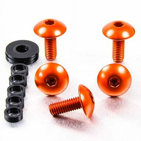 Four orange dome head alloy bolts with M6 x 1.00mm x 16mm dimensions, accompanied by a black washer and six black spacers, all arranged neatly.