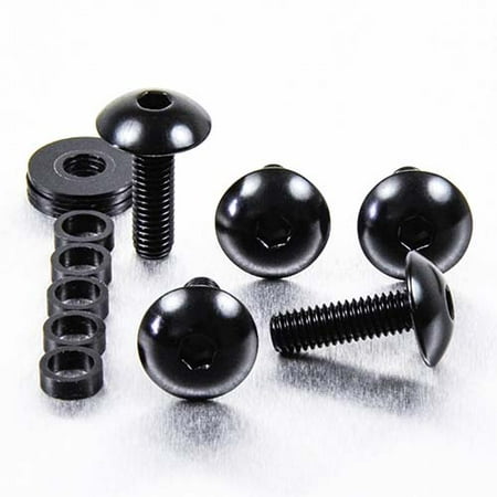 Black dome head alloy bolts in various lengths (16mm and 20mm), featuring a hex socket drive, accompanied by matching washers and spacers, all with a sleek, polished finish.