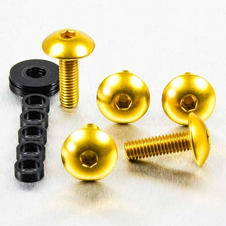 Gold dome head alloy bolts in M6 size, measuring 16mm and 20mm, accompanied by a black nylon washer and a spacer, showcasing a shiny, durable finish.