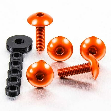 Four orange dome head alloy bolts with M6 x 1.00mm x 16mm x 20mm specifications, accompanied by a black spacer and washer set.