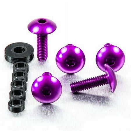 Purple dome head alloy bolts, M6 x 1.00mm, 16mm and 20mm lengths, with a black washer, showcasing a shiny finish and hexagonal socket design.