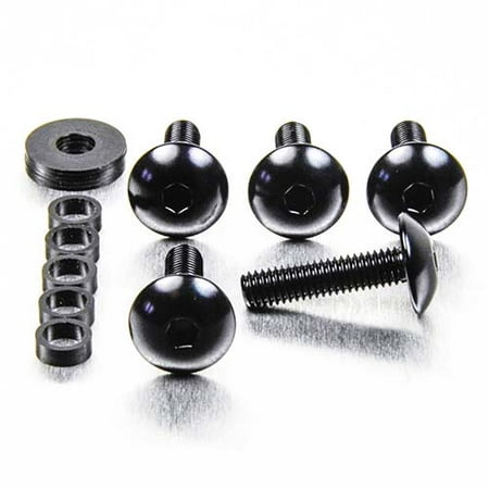 Black alloy dome head bolts in various lengths (16mm, 25mm) with hexagonal heads, accompanied by a matching washer and a set of spacers, all featuring a sleek finish.