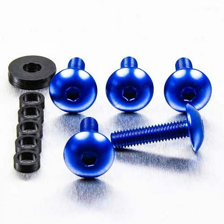 Blue dome head alloy bolts with M6 x 1.00mm x 16mm and 25mm lengths, featuring a hex socket design, accompanied by black washers and spacers.
