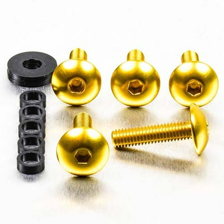 Gold dome head alloy bolts with M6 x 1.00mm x 16mm and 25mm sizes, accompanied by a black washer and a set of spacers, showcasing a sleek, polished finish.