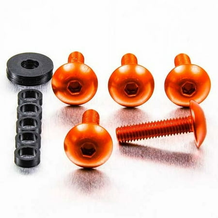 Four orange dome head alloy bolts with M6 x 1.00mm x 16mm and 25mm sizes, accompanied by a black washer and a set of spacers, showcasing a shiny finish.