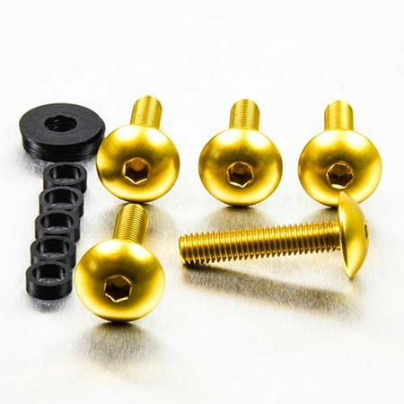 Gold dome head alloy bolts in various lengths (16mm and 30mm) with a hex socket, accompanied by a black washer and spacer, showcasing a sleek metallic finish.