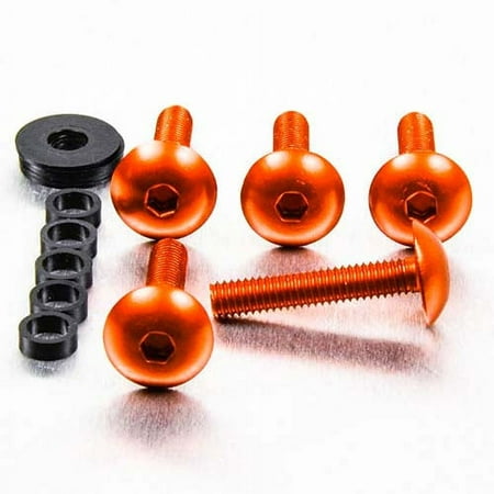 Set of five orange dome head alloy bolts, M6 size, with a hex socket design, accompanied by a black washer and a spacer, showcasing a sleek, metallic finish.
