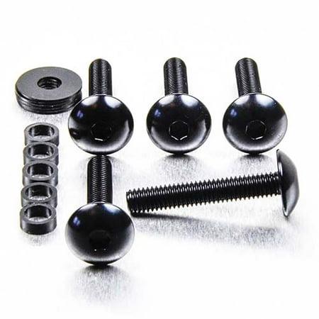 Black dome head alloy bolts in various lengths (16mm and 35mm) with hex sockets, accompanied by a matching washer and spacers, all featuring a sleek finish.