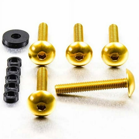 Gold dome head alloy bolts, M6 x 1.00mm x 16mm x 40mm, with four bolts and black washers, showcasing a shiny finish and hexagonal socket for easy installation.