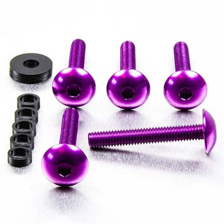 Purple dome head alloy bolts in various lengths, accompanied by black washers and spacers, showcasing a shiny finish and hexagonal drive for easy installation.