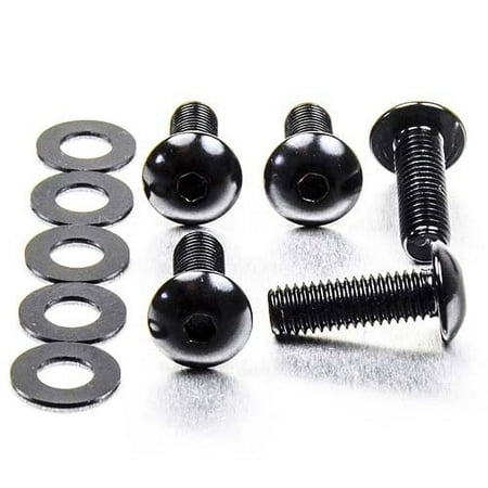Black dome head alloy bolts in M8 size, measuring 1.25mm x 16mm and 25mm, accompanied by matching black washers, showcasing a sleek, durable design.
